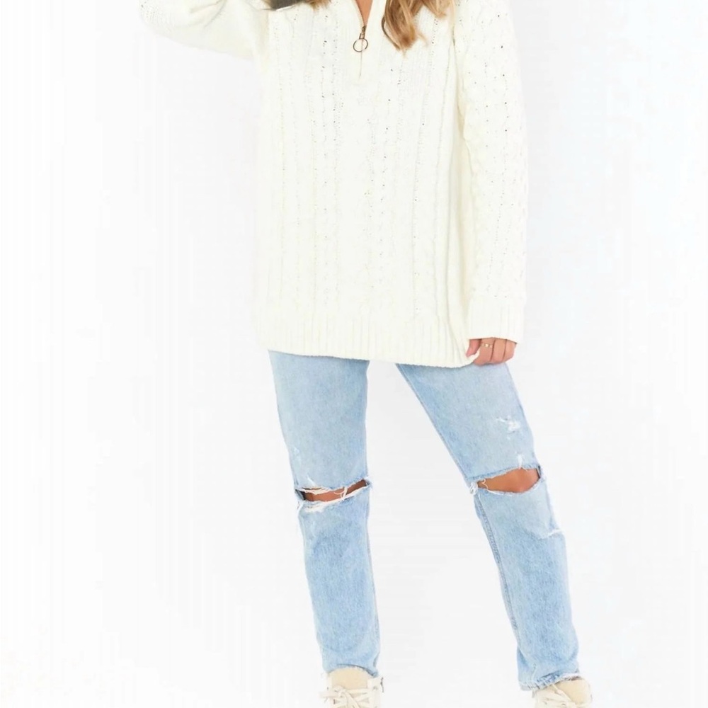 Show Me Your Mumu Sun Valley Pullover Cream Cable Knit Faux Fur NWT Small